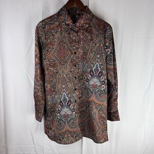 Insight Womens Long‎ Sleeve Floral Abstract Satin Button Up Shirt Medium